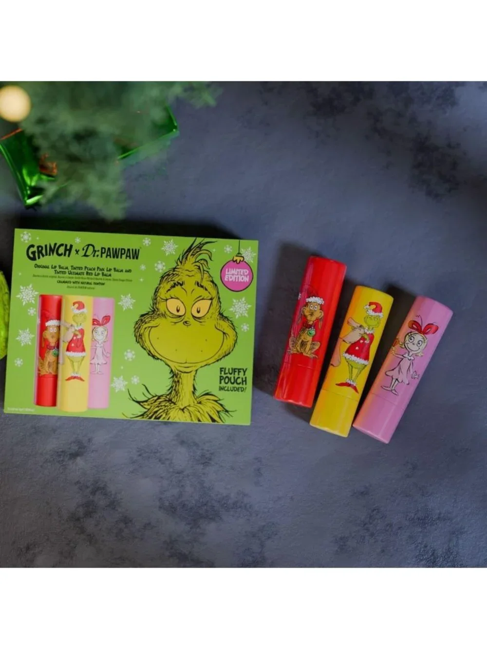 Grinch Lip Balm Set - Hydrating Natural Moisturizer in Red & Peach Pink - 4 pcs